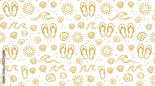 Summer beach vacation doodle pattern with flip flops and sun
