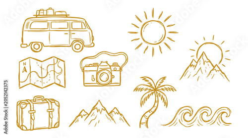 Travel and adventure icons set hand drawn vector illustration