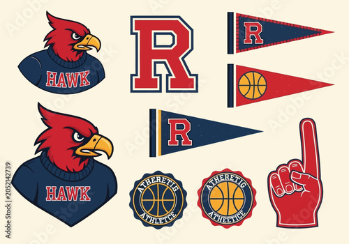 Obraz na plátně Vintage Collegiate Sports Graphics Collection with Red Hawk Mascot, Varsity Lett