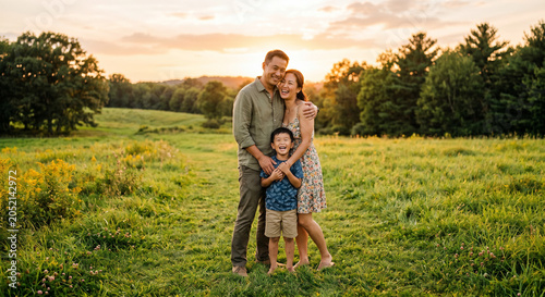 A joyful Asian family standing on a wide green grass field during golden hour
