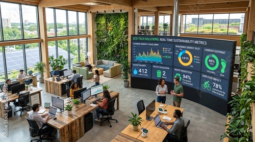 Eco friendly office space with employees working at desks and a large screen displaying sustainability metrics and eco tech solutions in a modern green building with solar panels and living wall
