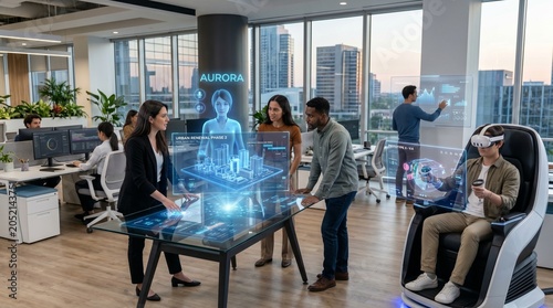 Business people interacting with futuristic virtual reality technology in modern office setting with city view