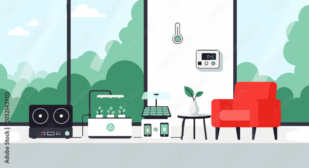 Naklejka premium Modern living room with smart home devices and nature view.
