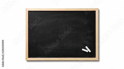 Empty Blackboard Mockup with Wooden Frame and Chalk on White Background