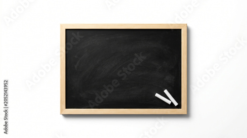 Empty Blackboard Mockup with Wooden Frame and Chalk on White Background