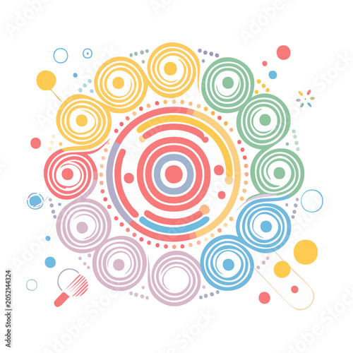 Colorful abstract geometric circle pattern with swirls and dots