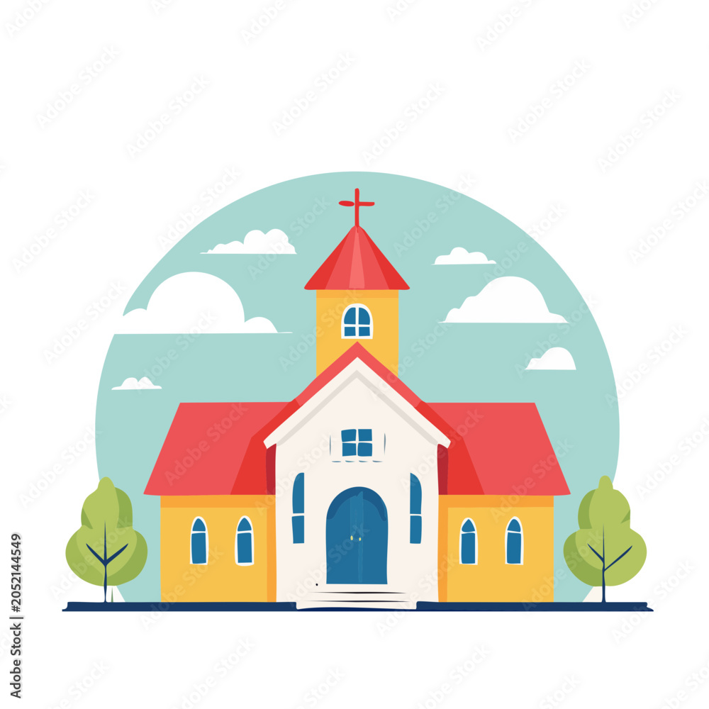 Naklejka premium Flat design illustration of a church building with trees and clouds