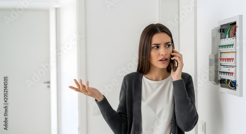 Frustrated young woman calling for help with electrical problem at home, looking at open fuse box.