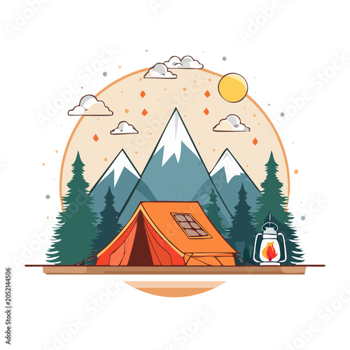 Flat design camping tent scene with mountains and lantern