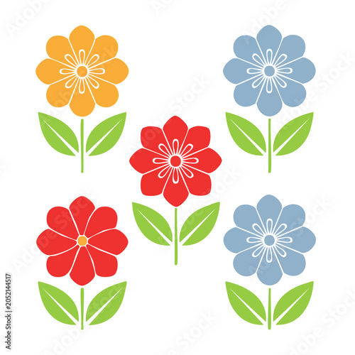Flat design flowers in orange, red, and blue with green leaves