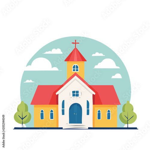 Flat design illustration of a church building with trees and clouds