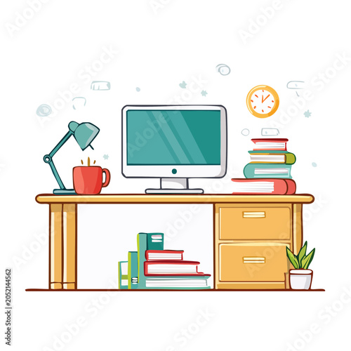 Flat design illustration of a desk with computer and books