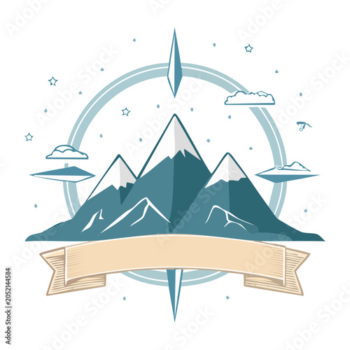 Flat design illustration of mountains with compass and banner