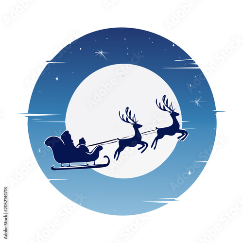 Santa Claus sleigh with reindeer flying in night sky
