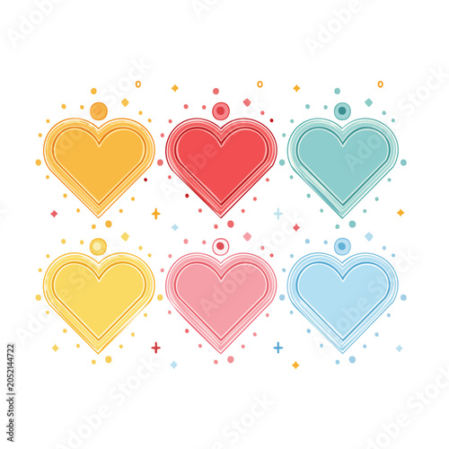 Set of colorful heart shapes with confetti on white background