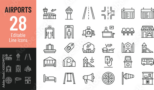 Foto Airport terminal, aviation and air flight line icon set