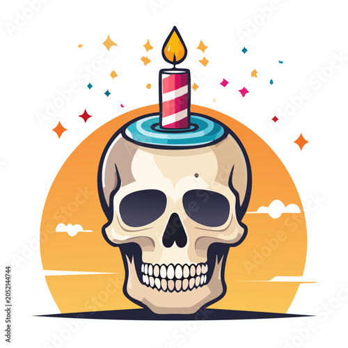 Skull with Birthday Candle and Confetti