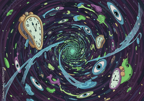 Foto Surreal Psychedelic Time Vortex Background with Melting Clocks, Eyes, and Abstra