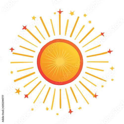 Stylized sun with radiating rays and stars