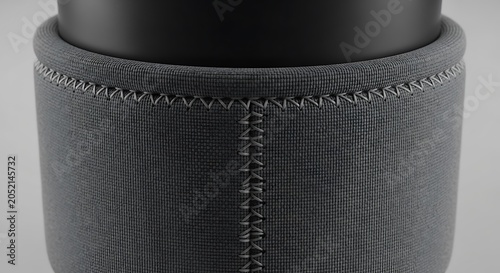 Close-up of a textured grey fabric koozie mockup with detailed stitching on a black bottle, ideal for product branding and design presentation.