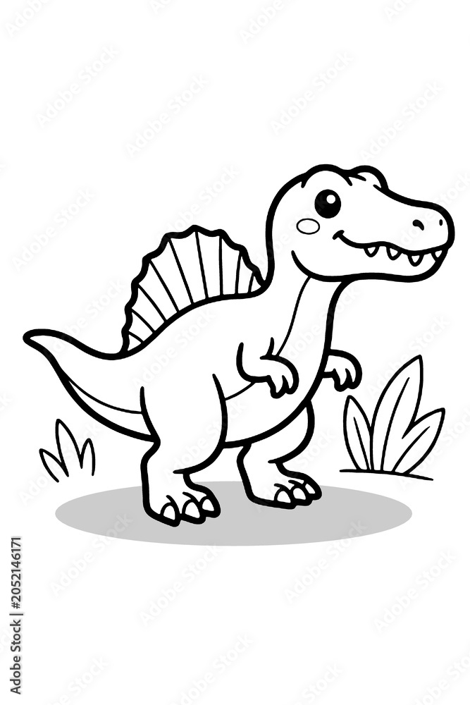 Fototapeta premium Black and white outline cute cartoon spinosaurus dinosaur coloring page for children