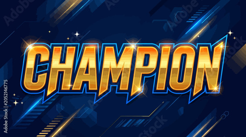 Champion Golden Text Logo on Blue Tech Background