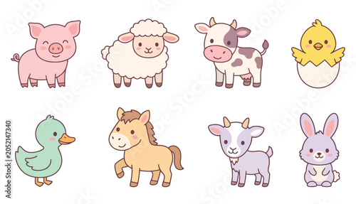 Set of cute farm animals and birds