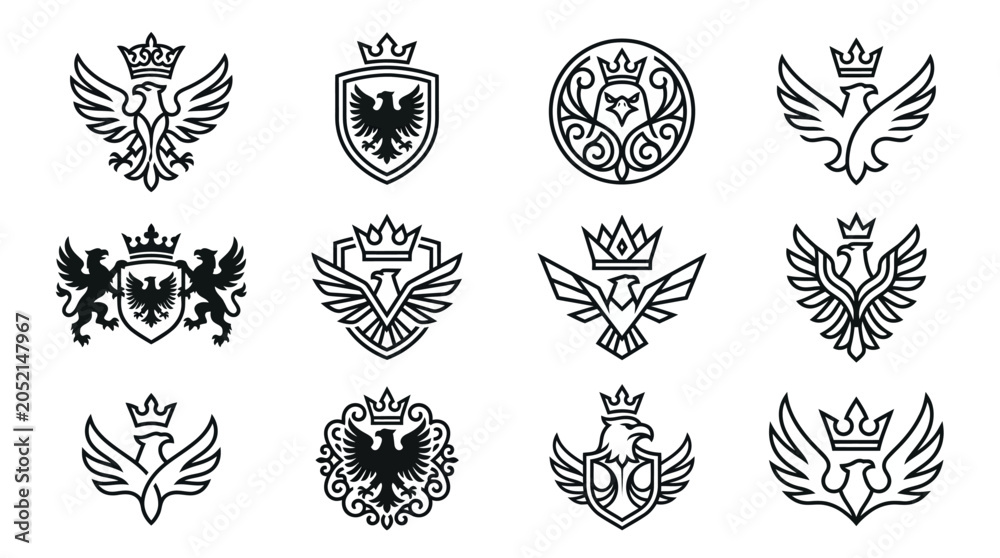 Fototapeta premium Black and white crowns and crests.