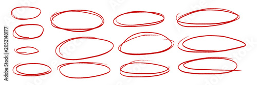 Hand drawn red crayon ovals and circles set. Ellipses in red pencil doodle style. Round freehand shapes, emphasis highlights. Red round rough thin frames. Vector elements for hand drawn diagrams