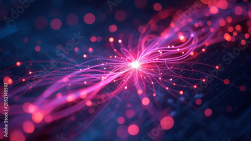 Foto Abstract glowing pink energy trails spreading from a bright core with bokeh ligh