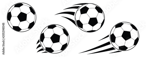 Fotografie Soccer balls in motion vector set with speed trails, flying trajectories, and en