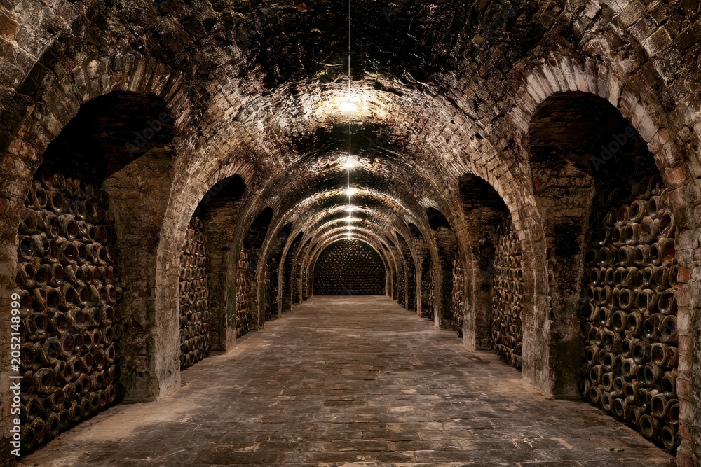Fototapeta premium Stone vaulted wine cellar tunnel extending into distance with dim warm lighting and symmetrical composition for luxury hospitality branding