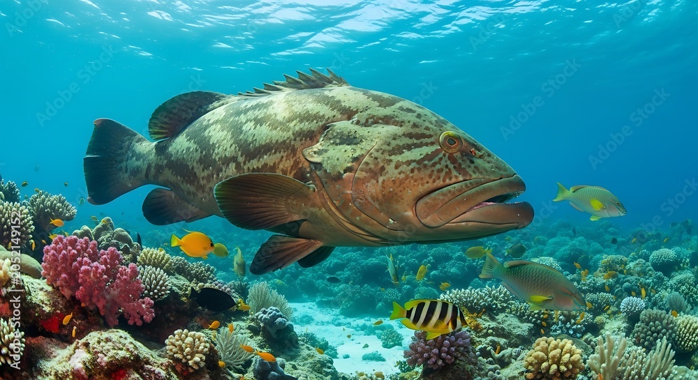 Obraz premium Underwater scene depicting a large fish among coral reefs and colorful fish