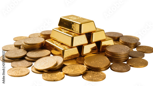 Obraz na plátně Gold bars stacked with piles of gold coins