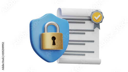 Blue shield with golden padlock and document with checkmark