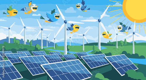 Renewable energy landscape with solar panels and wind turbines.