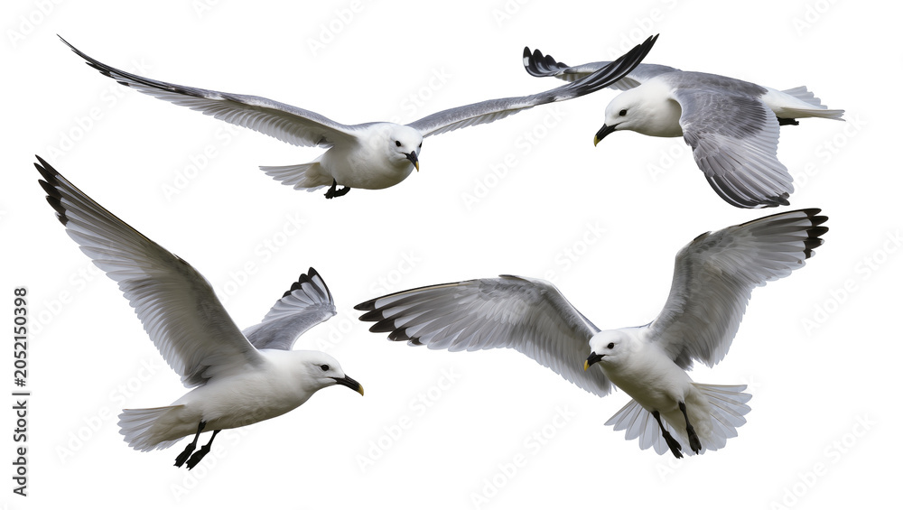 Fototapeta premium Four seagulls in flight white and grey feathers, black wing tips