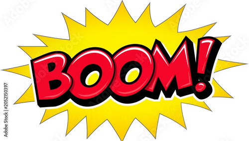 Foto Red BOOM text with exclamation mark on yellow starburst