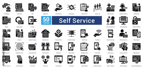 Photos Self Service icon set in glyph style contains 50 icons including check in, loyal