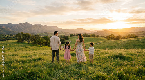 A loving Asian family of four standing on a spacious green grassland, parents and children looking toward the horizon while holding hands