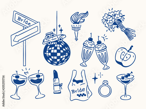 Bild auf Leinwand New York bachelorette party doodle element with disco ball, cocktails, bride bag, and ring for bridal shower invitation card design