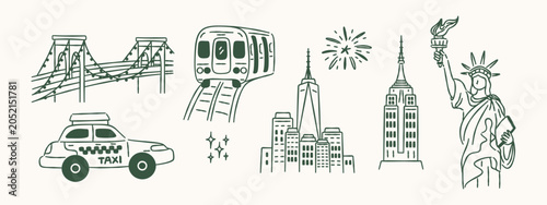 Photography New York City landmarks doodle set with bridge, taxi, subway, and skyline icons