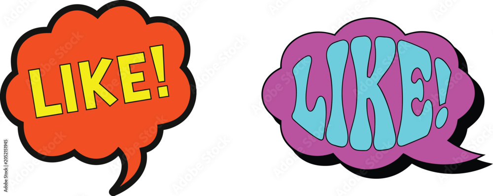 Fototapeta premium Colorful comic speech bubbles with like text vector illustration set for social media graphic design elements expressions.