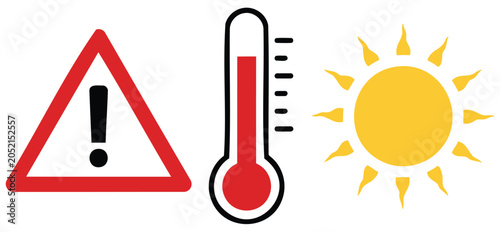 Photos Caution summer concept vector illustration with heat warning symbols, thermomete