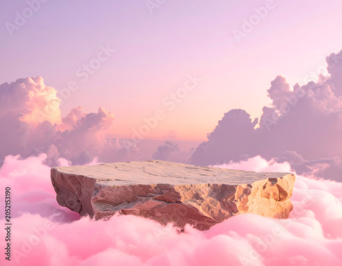 Stone Pedestal Floating in Pink Cloud Sky, Dreamy Pastel Fantasy Product Display Background
