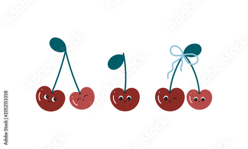 Set with cute cherry. Cartoon flat vector illustration. Isolated on white background. Elements for printing, poster, card.
