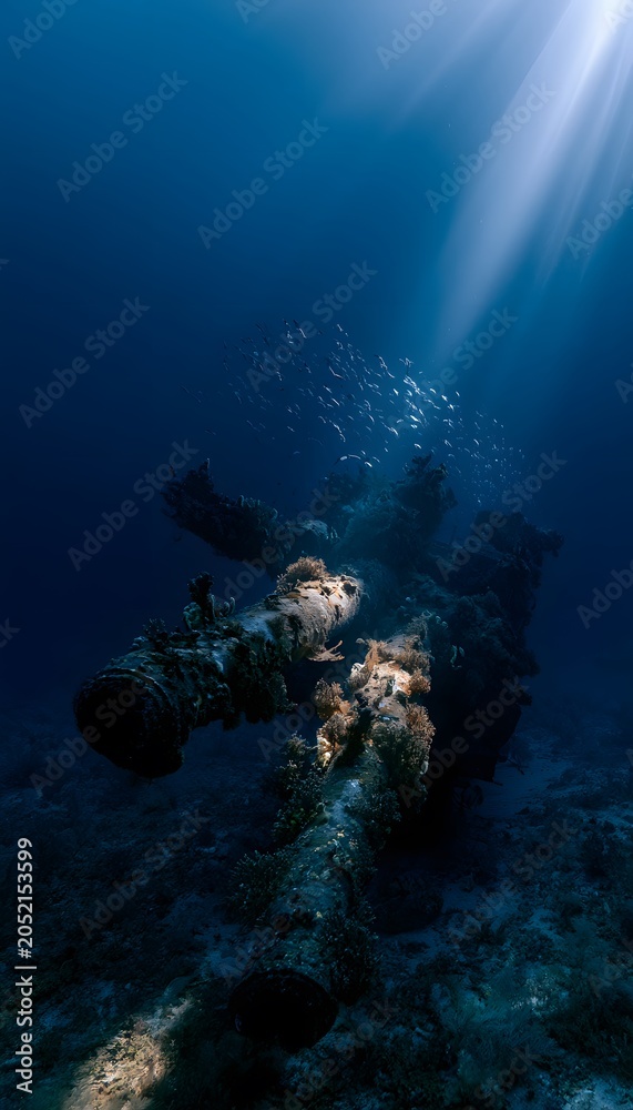 Fototapeta premium Sunlit mystery of a lost naval gun reclaimed by ocean life evokes history’s silent depths