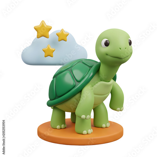 Cute 3D Cartoon Turtle with Stars and Cloud