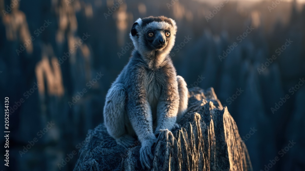 Fototapeta premium Tsingy de Bemaraha National Park. Madagascar. Lemur sits on a rock in a rocky landscape during sunset with a focus on its eyes and fur
