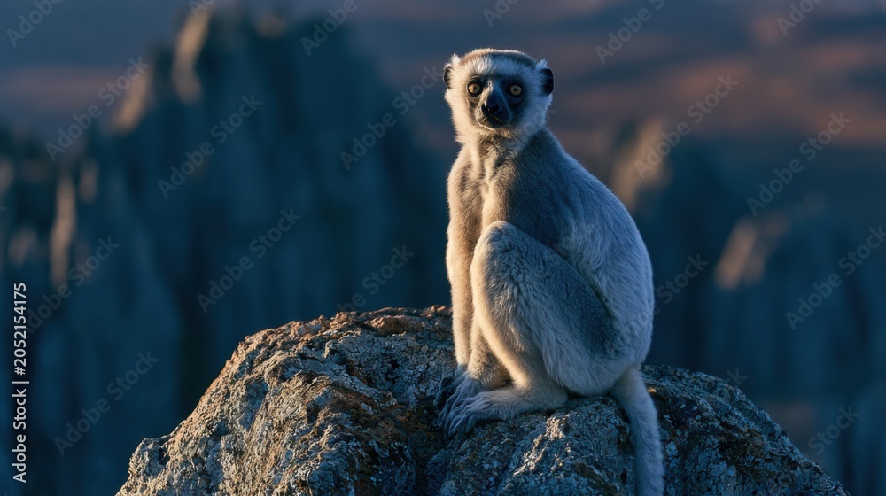 Fototapeta premium Tsingy de Bemaraha National Park. Madagascar. Lemur sits on a rock and looks around in a natural setting during daylight hours